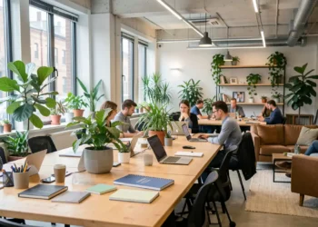 Modern coworking space with professionals working on laptops in a bright, plant-filled open office environment.
