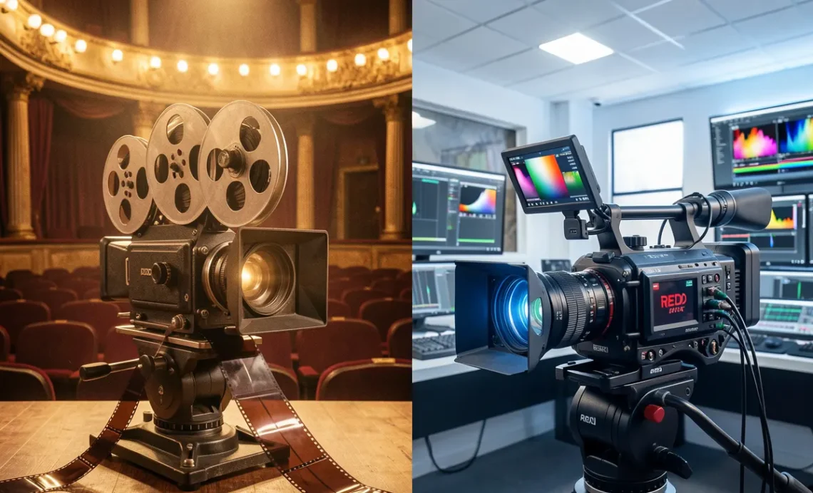 A split comparison image showing a traditional 35mm film camera with celluloid strips on the left and a modern digital cinema camera on the right, representing the evolution from analog to digital filmmaking.