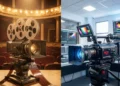 A split comparison image showing a traditional 35mm film camera with celluloid strips on the left and a modern digital cinema camera on the right, representing the evolution from analog to digital filmmaking.