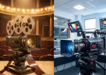 A split comparison image showing a traditional 35mm film camera with celluloid strips on the left and a modern digital cinema camera on the right, representing the evolution from analog to digital filmmaking.