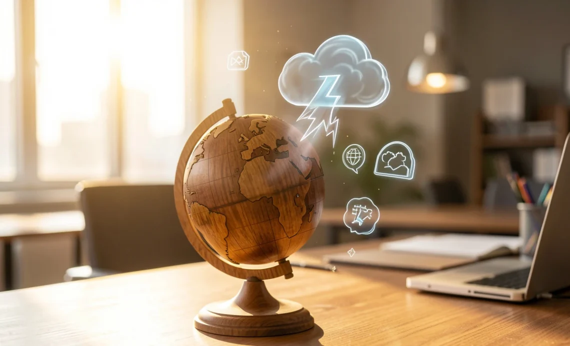 Six external factors affecting business success represented by icons around a globe, including economic, legal, and technological forces.