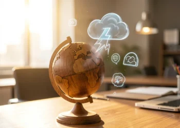 Six external factors affecting business success represented by icons around a globe, including economic, legal, and technological forces.