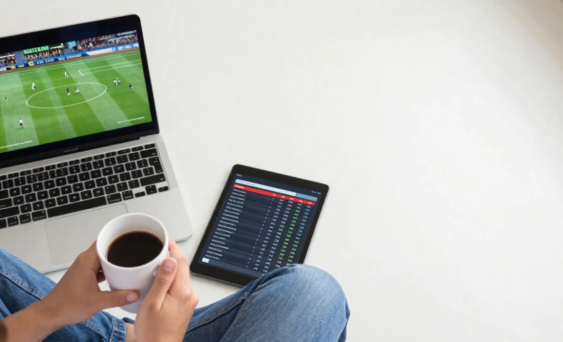 Person watching live NFL and NBA games on laptop and tablet while checking free sports news site for betting picks and predictions