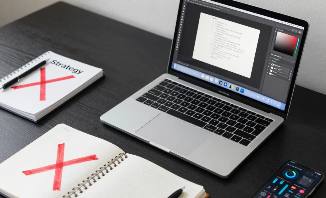 Graphic designer's desk showing a transition from traditional sketchbook to modern business strategy and UX tools.