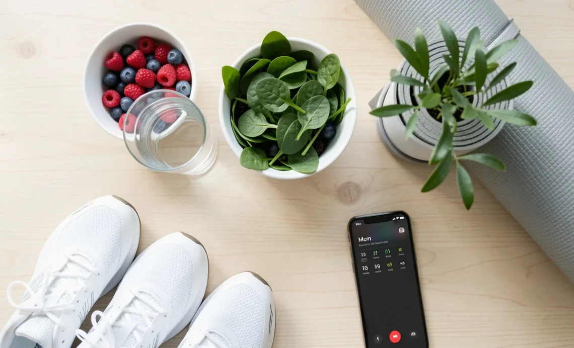 Minimalist flat lay depicting symbols of holistic health during pandemic: running shoes, fresh fruits, water, yoga mat, phone for connection, and a green plant.