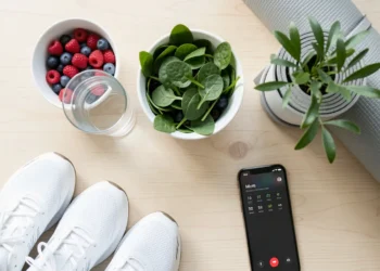 Minimalist flat lay depicting symbols of holistic health during pandemic: running shoes, fresh fruits, water, yoga mat, phone for connection, and a green plant.