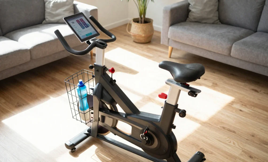Modern indoor cycling stationary bike setup in living room with tablet displaying fitness app for home workout
