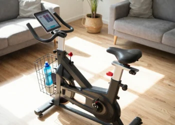 Modern indoor cycling stationary bike setup in living room with tablet displaying fitness app for home workout