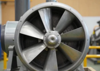 Industrial air blower with metal fan blades inside a duct in a modern manufacturing facility.