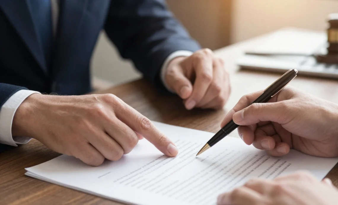 Professional lawyer and client discussing document benefits during an initial consultation.