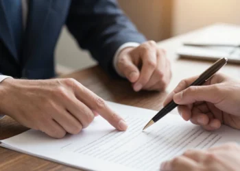 Professional lawyer and client discussing document benefits during an initial consultation.