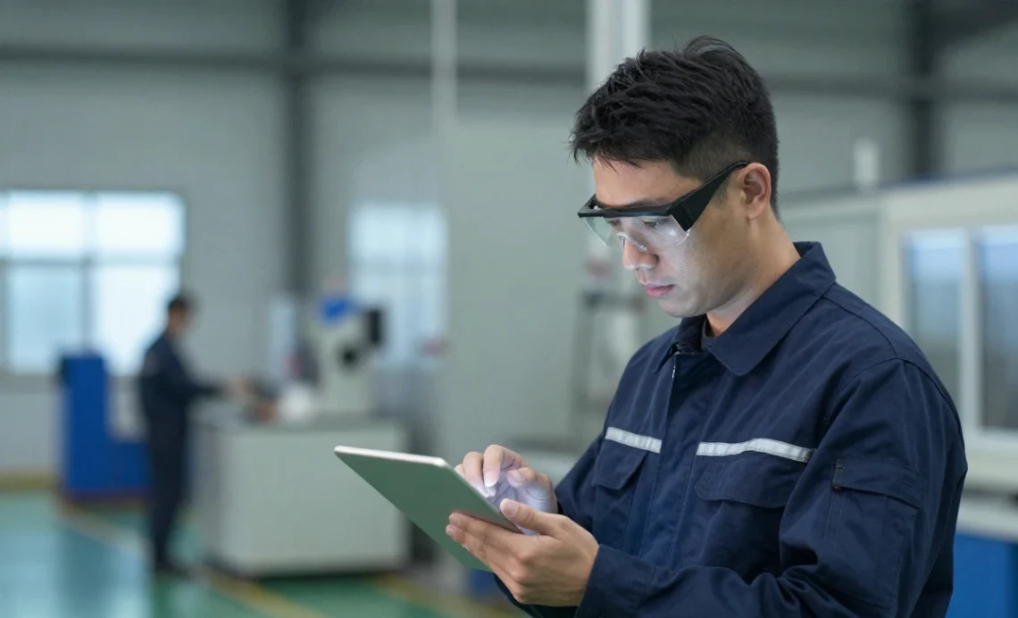 Manufacturing technician using a digital tablet to monitor automated machinery on a clean, modern factory floor with a collaborative team in the background.