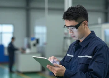 Manufacturing technician using a digital tablet to monitor automated machinery on a clean, modern factory floor with a collaborative team in the background.