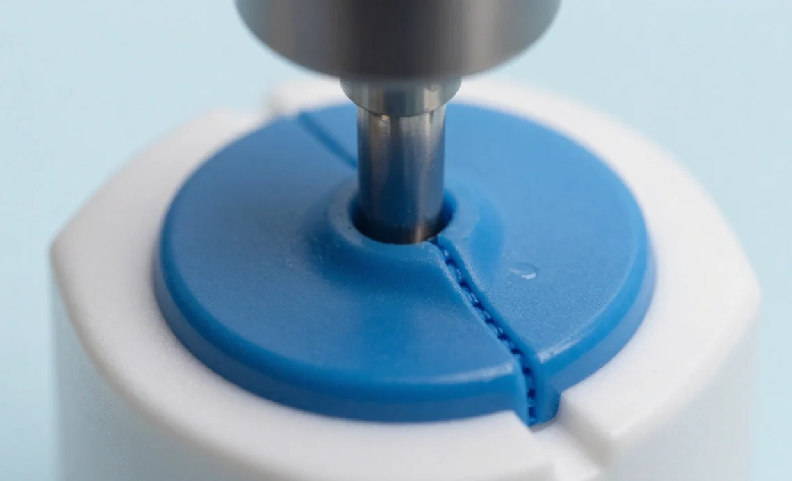Close-up view of a precision micro overmolded medical component showing seamless bonding between rigid white substrate and soft blue thermoplastic elastomer, demonstrating advanced injection molding technology.