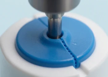 Close-up view of a precision micro overmolded medical component showing seamless bonding between rigid white substrate and soft blue thermoplastic elastomer, demonstrating advanced injection molding technology.