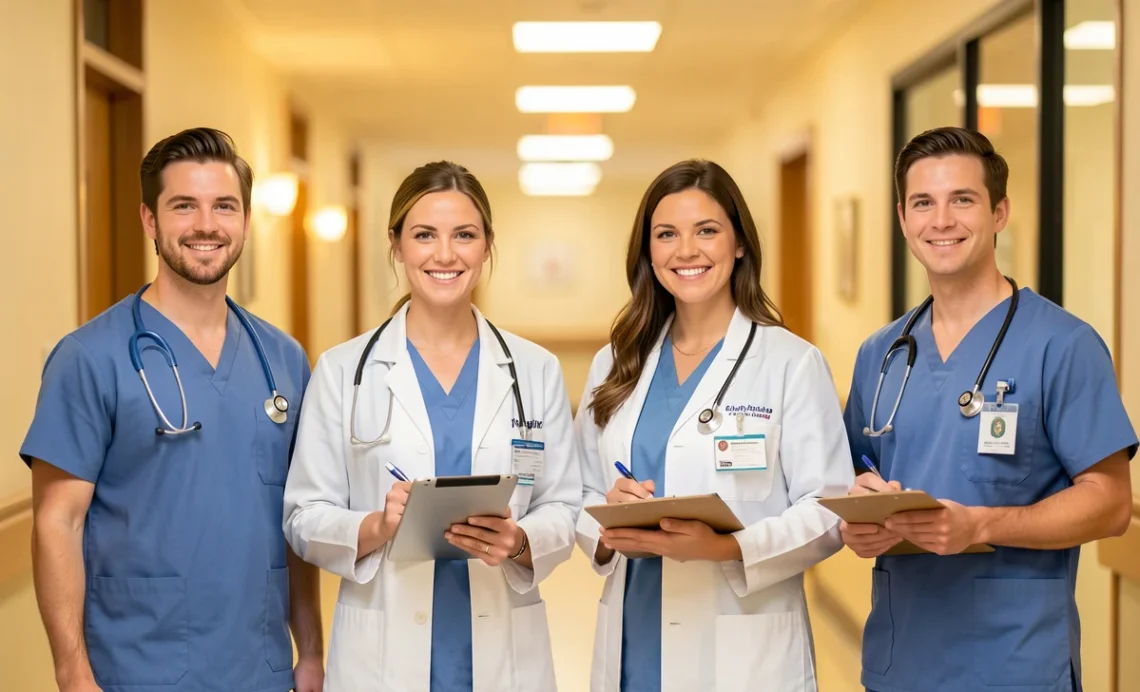 A diverse group of nurses in various professional uniforms, representing different career paths like clinical care, administration, and surgery, standing in a modern hospital corridor.