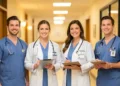 A diverse group of nurses in various professional uniforms, representing different career paths like clinical care, administration, and surgery, standing in a modern hospital corridor.