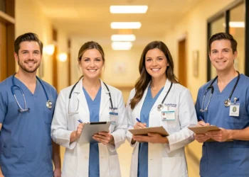 A diverse group of nurses in various professional uniforms, representing different career paths like clinical care, administration, and surgery, standing in a modern hospital corridor.