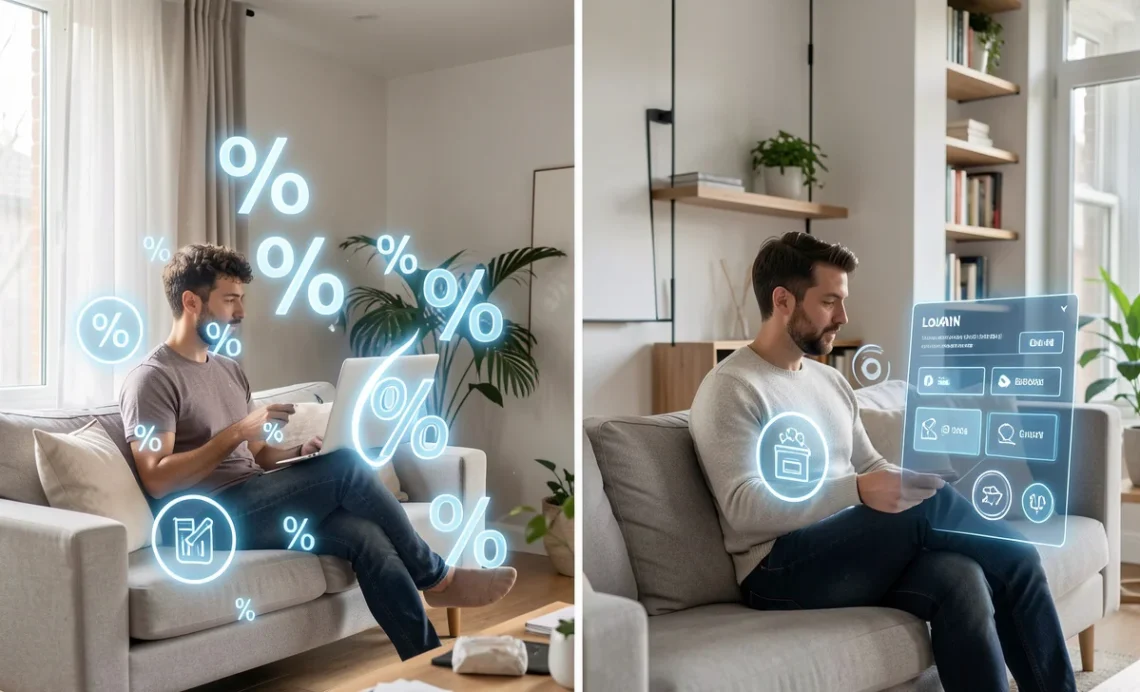 Online Loans vs Bank Loans comparison showing person applying for online loan from home on left versus meeting with bank loan officer on right