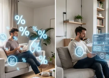 Online Loans vs Bank Loans comparison showing person applying for online loan from home on left versus meeting with bank loan officer on right