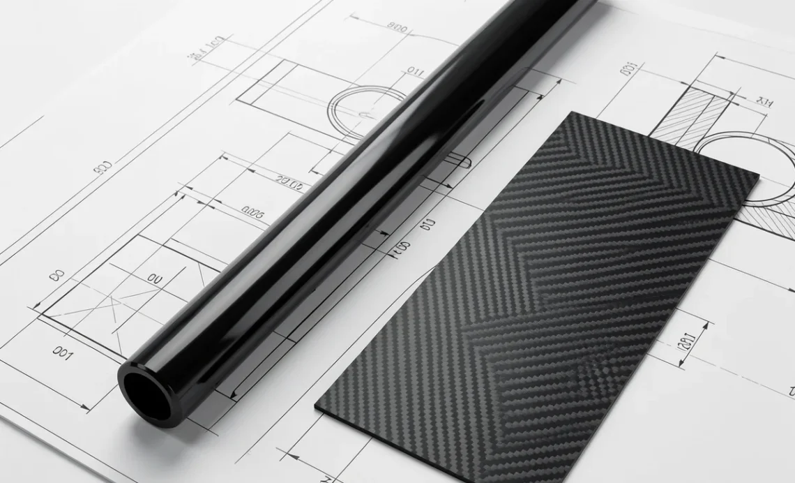 Close-up of PEEK plastic rod and carbon fiber sheet on engineering blueprint, representing high-performance reinforced polymers.