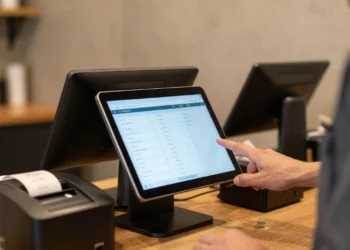 POS system guide showing a modern tablet-based point of sale terminal processing a transaction at a small business counter with receipt printing.