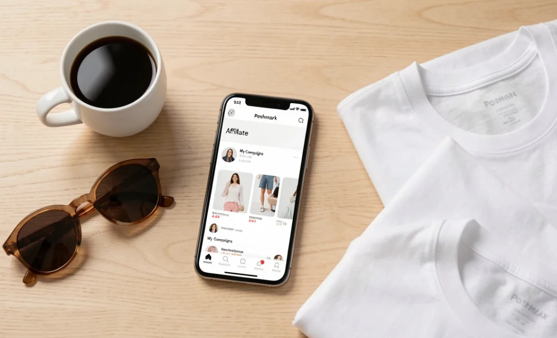Smartphone displaying the Poshmark affiliate program dashboard on a wooden desk next to coffee and folded clothing, representing fashion reseller income.