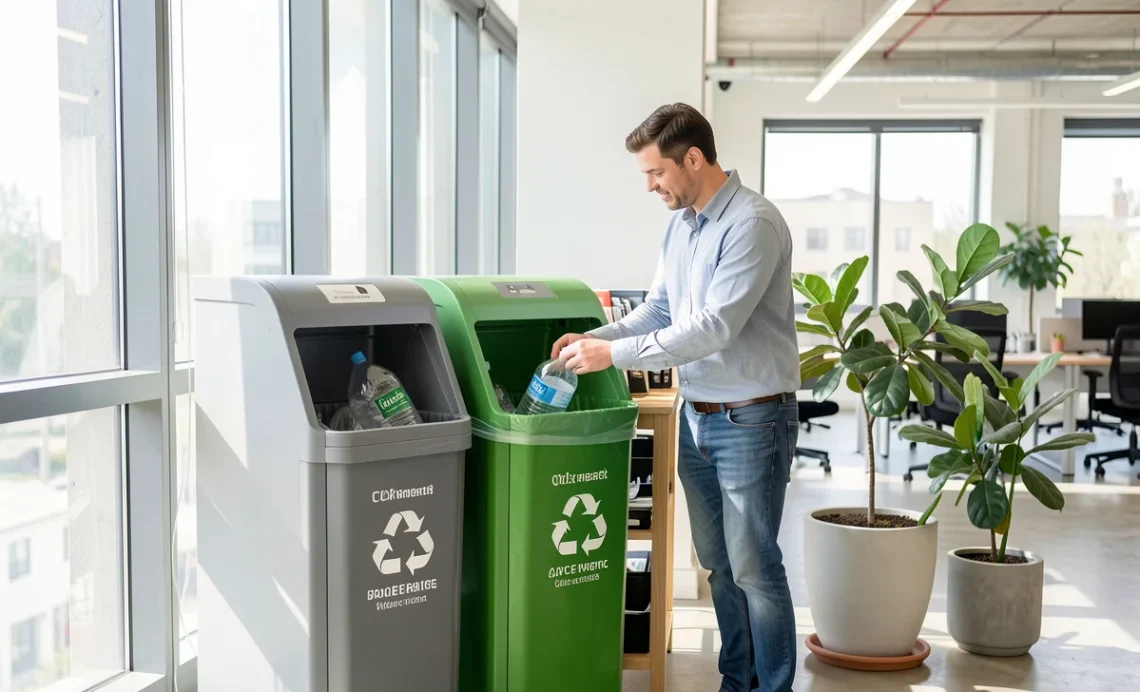 A professional office worker recycling waste in a modern recycling-friendly workplace with color-coded bins for paper, plastic, and general waste.