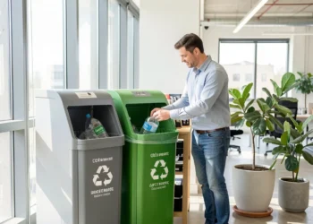 A professional office worker recycling waste in a modern recycling-friendly workplace with color-coded bins for paper, plastic, and general waste.