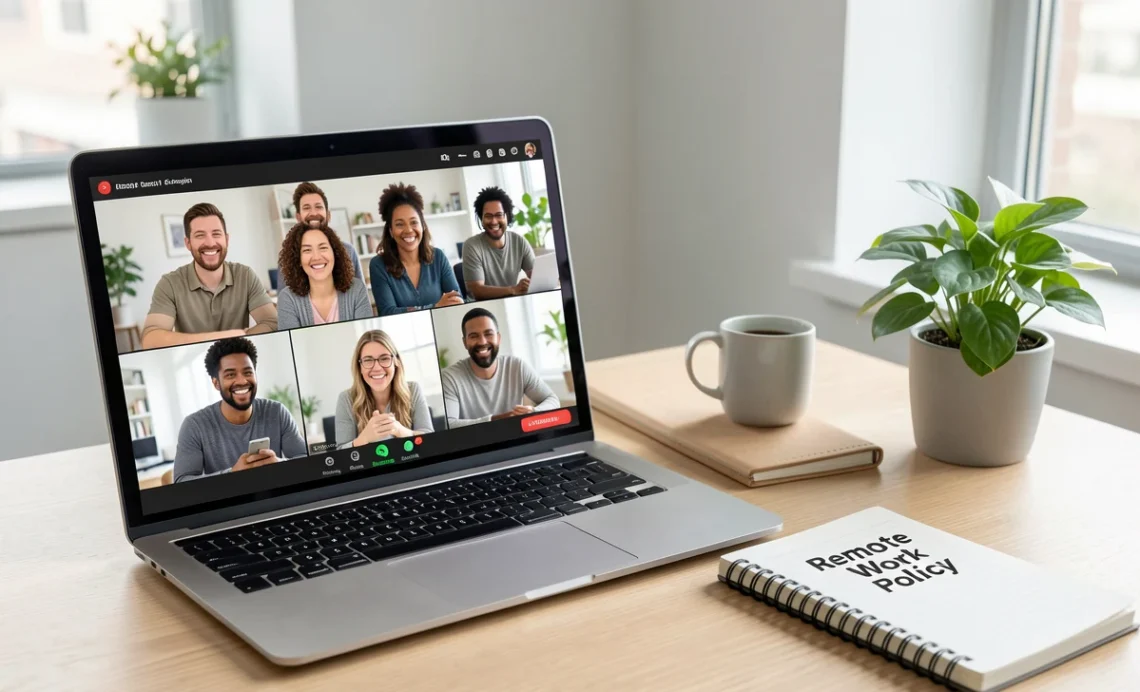 A modern professional managing a remote business team via video call, with a remote work policy notebook and global map in background.