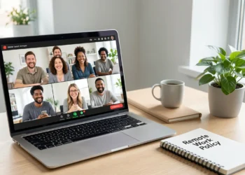 A modern professional managing a remote business team via video call, with a remote work policy notebook and global map in background.