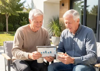 A happy couple in their early 60s reviewing retirement finances on a tablet while sitting outdoors on a sunny patio, representing thoughtful retirement planning and financial confidence.