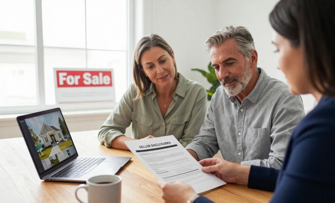 Seller disclosures home buyers review with real estate agent during property transaction meeting