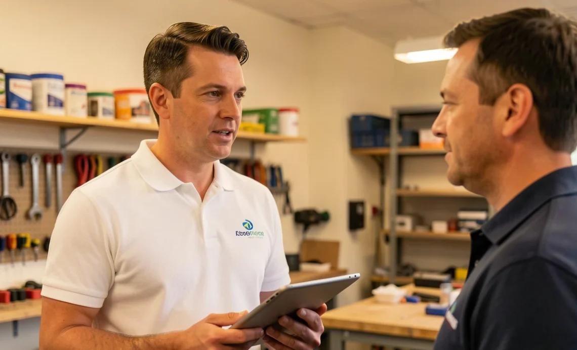 Small service business owner consulting with client in professional work environment, wearing branded uniform and using tablet
