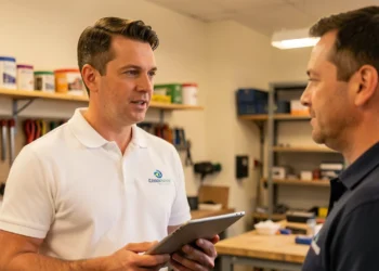 Small service business owner consulting with client in professional work environment, wearing branded uniform and using tablet