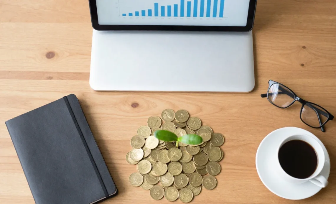 Flat lay desk scene with a plant growing from a stack of coins, a laptop, and notebook, illustrating a guide to small business financing and growth.