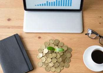 Flat lay desk scene with a plant growing from a stack of coins, a laptop, and notebook, illustrating a guide to small business financing and growth.