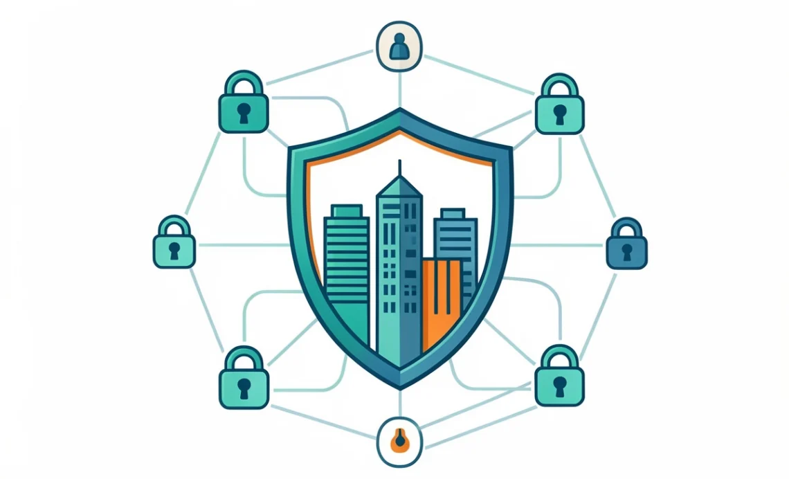 Modern illustration of a digital shield protecting a small business city skyline from cyber threats.