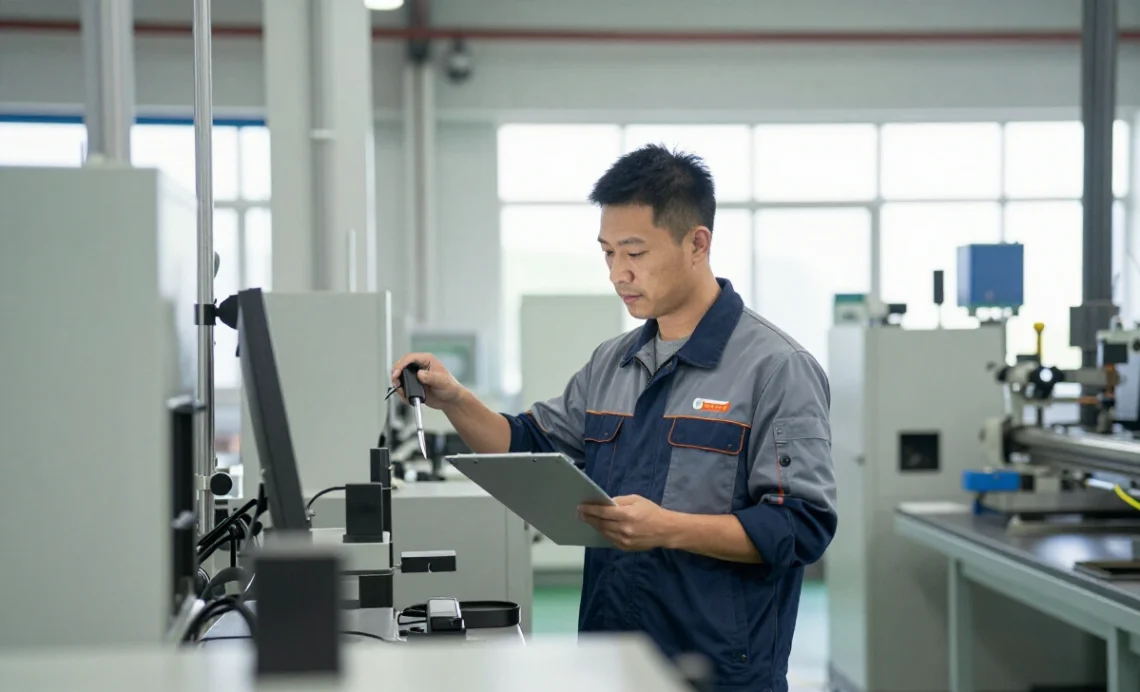 Engineer or small business owner standing on manufacturing floor near quality control equipment, representing starting a manufacturing business guide