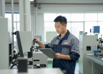 Engineer or small business owner standing on manufacturing floor near quality control equipment, representing starting a manufacturing business guide