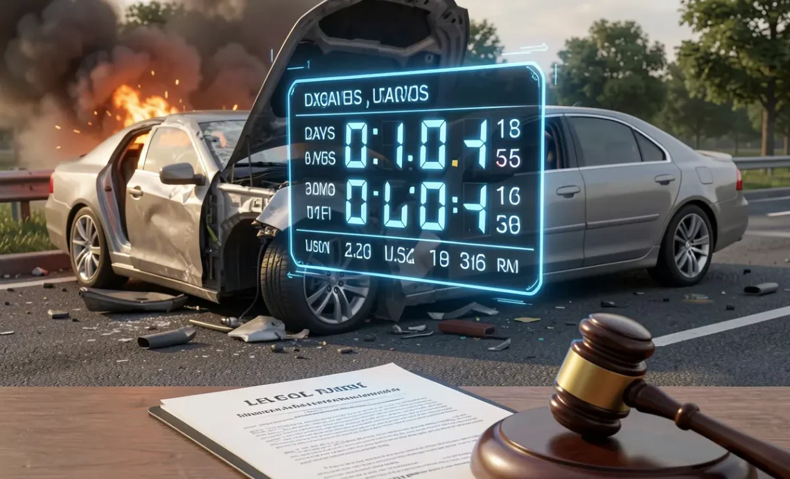 Digital clock counting down statute of limitations deadline after car accident with legal gavel and documents in foreground