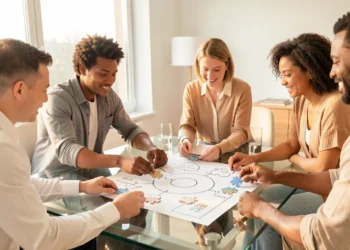 Diverse team collaboratively solving a strategy puzzle in a modern office, representing the strategic hiring process for building effective teams