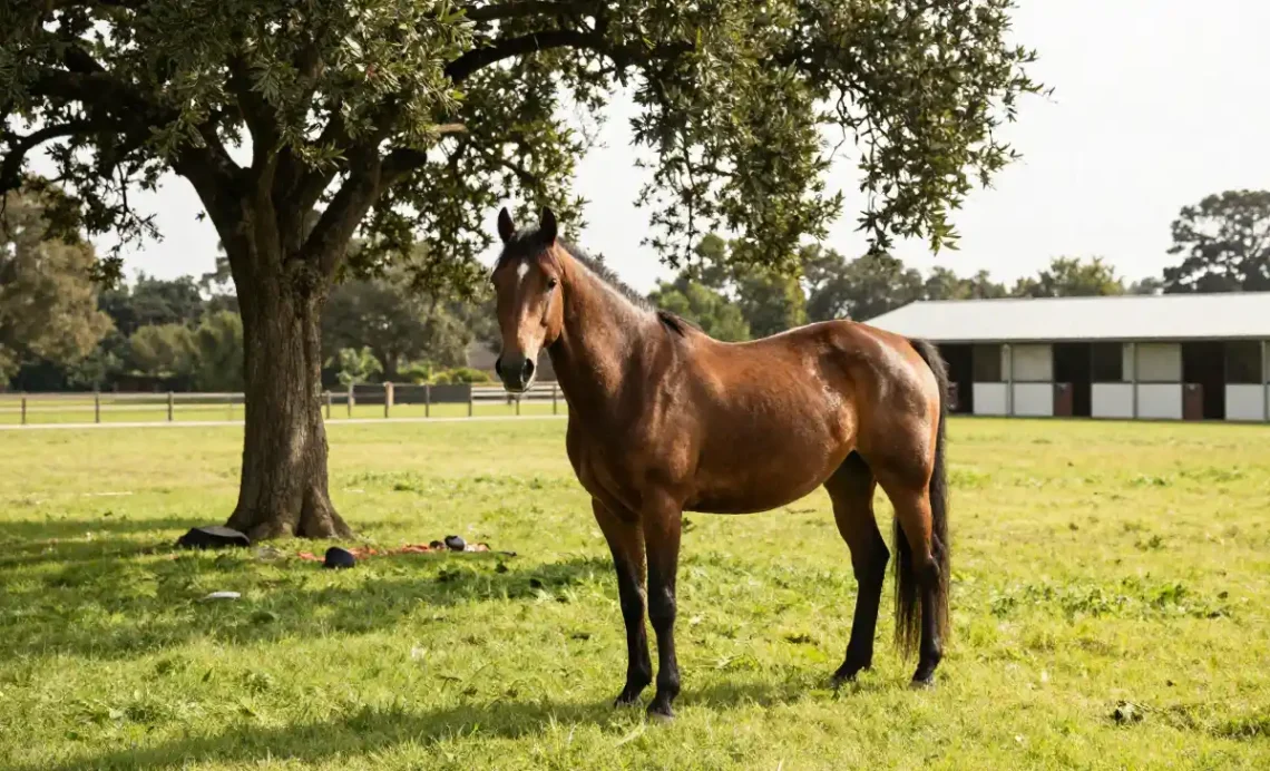 A calm horse enjoys shade in a green pasture at a summer boarding facility, representing a successful horse relocation.