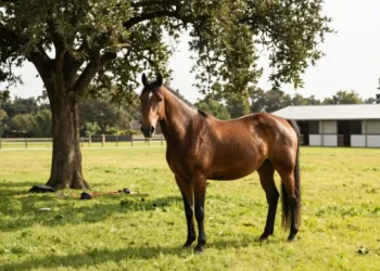 A calm horse enjoys shade in a green pasture at a summer boarding facility, representing a successful horse relocation.