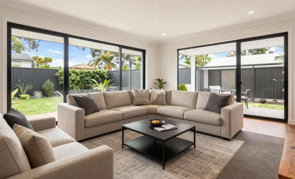 Bright and modern SDA housing living room interior featuring open-plan design, wheelchair accessible space, and a lowered kitchen counter, representing Specialist Disability Accommodation.
