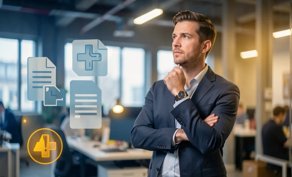 Workplace accident guide featuring professional environment with safety elements and documentation symbols, representing employee rights and workers compensation information