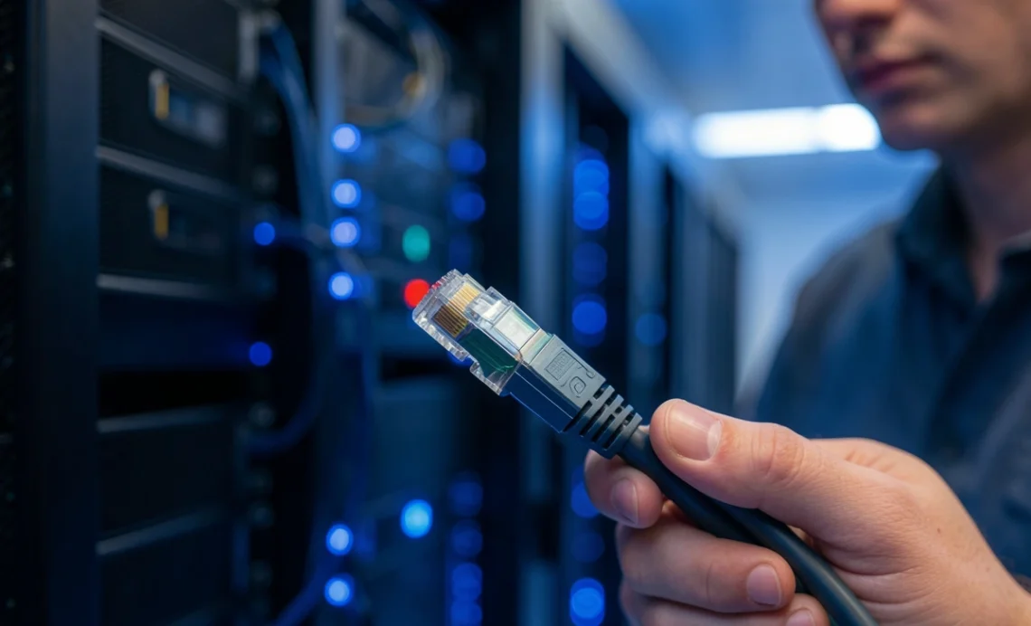 10GBASE-T Cat6a Ethernet cable installation guide showing network technician with server rack in background for 10 Gigabit networking setup