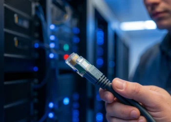 10GBASE-T Cat6a Ethernet cable installation guide showing network technician with server rack in background for 10 Gigabit networking setup