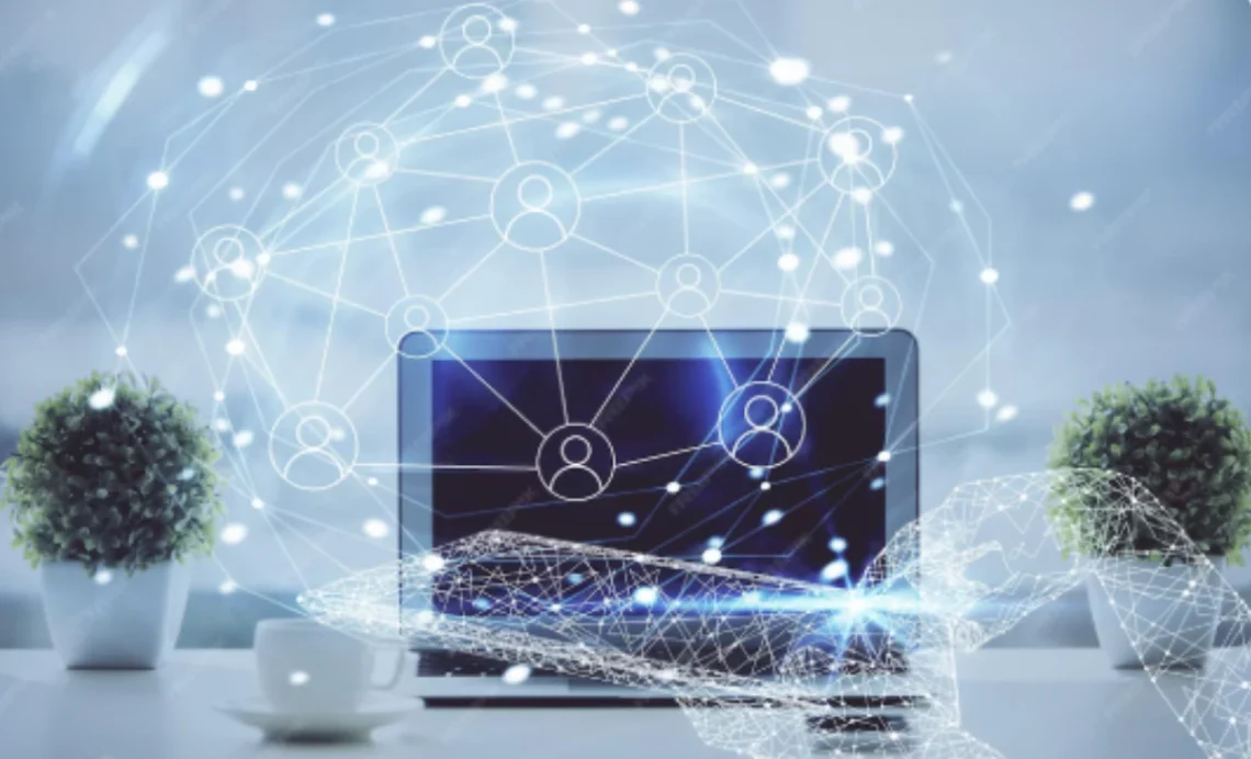 Visual representation of backlinking network showing a central website connected to external sites with luminous lines, illustrating link building for new websites