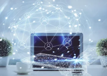 Visual representation of backlinking network showing a central website connected to external sites with luminous lines, illustrating link building for new websites